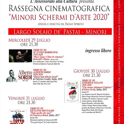 A Minori torna la kermesse cinematografica “Schermi d’Arte” con un tributo a Fellini, Sordi e Montaldo
