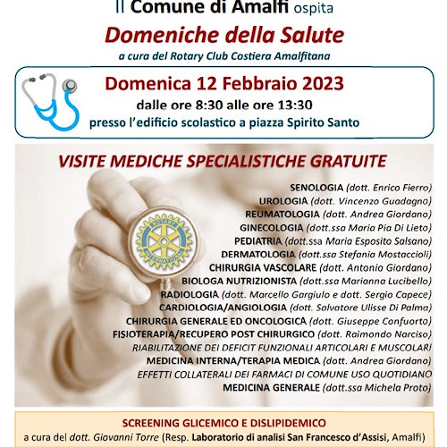 Amalfi, 12 febbraio screening gratuiti grazie alle "Domeniche della Salute" del Rotary Club Costiera Amalfitana