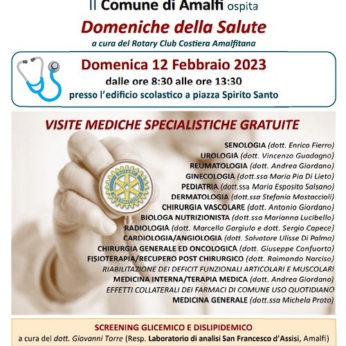 Amalfi, 12 febbraio screening gratuiti grazie alle "Domeniche della Salute" del Rotary Club Costiera Amalfitana