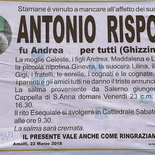 Amalfi piange la prematura scomparsa di Antonio Rispoli (Ghizzinella)