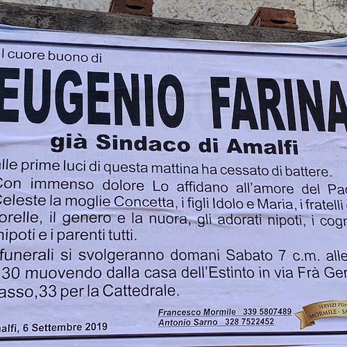 Amalfi piange la scomparsa del già sindaco Eugenio Farina