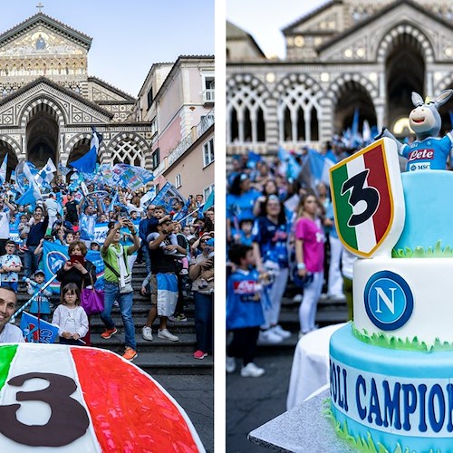 Amalfi si colora d'azzurro per festeggiare il Napoli: dopo il corteo la torta scudetto in Piazza