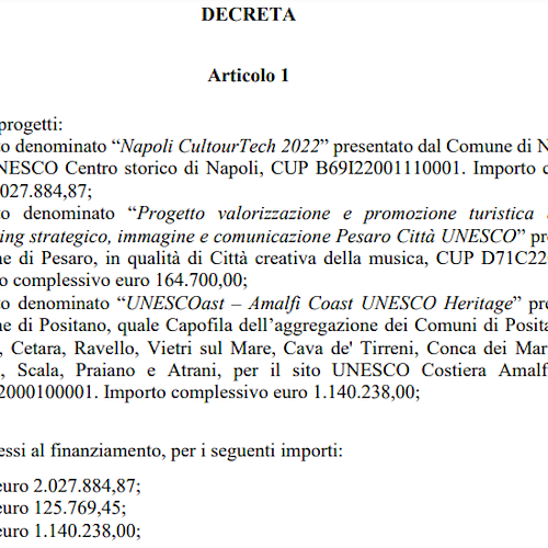 Dal Ministero del Turismo oltre un milione di euro per valorizzazione Costa d’Amalfi: Positano ente capofila progetto “UNESCOast”