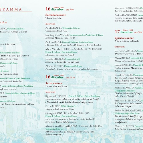 "La Costa di Amalfi dal Regno d’Italia alla Repubblica", dal 15 al 17 dicembre il Convegno di Studi ad Amalfi 