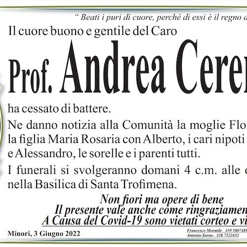 Lutto nel mondo della cultura amalfitana: addio al professor Andrea Cerenza