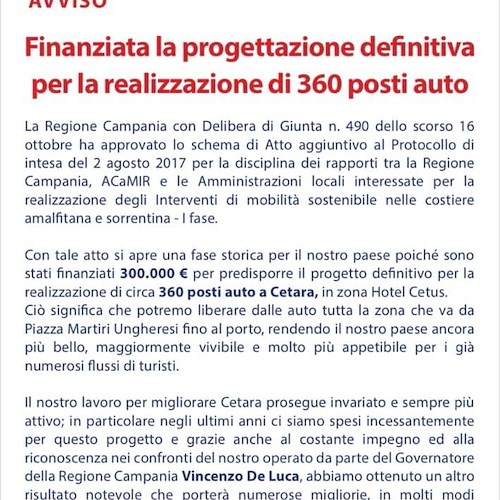 Nuovi posti auto a Cetara: l’ok e i fondi dalla Regione Campania 