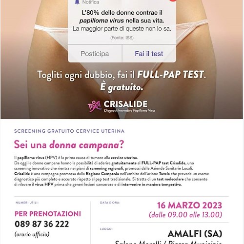 Prevenzione e diritto alla salute: Amalfi aderisce alla campagna di screening gratuito per il FULL PAP TEST Crisalide