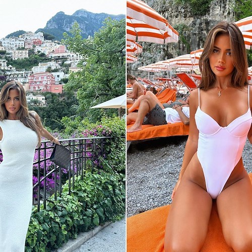 Tarsha Whitmore makes everyone hold their breath in Positano.  Model in total white from Arienzo beach 