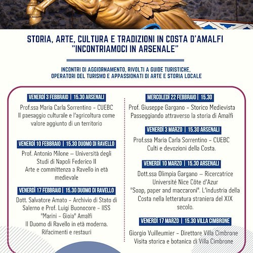 Tornano gli incontri formativi dell'Associazione Guide turistiche Costa d’Amalfi: il programma di febbraio e marzo